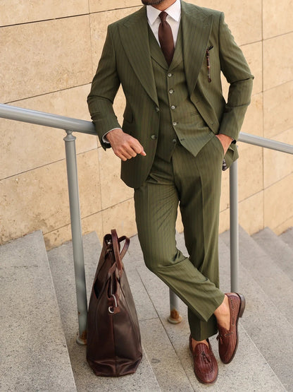 Khaki Striped Slim-Fit Suit 3-Piece VIOSSI