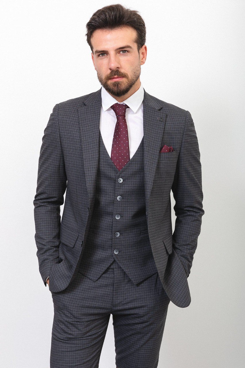 Brabion Rocco Dark Gray Slim Fit Peak Lapel 3 Piece Check Suit