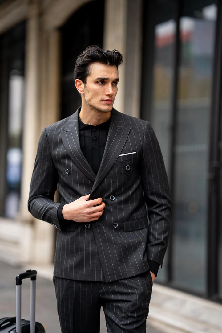 Brabion Black Double-Breasted Suit with Pinstripes
