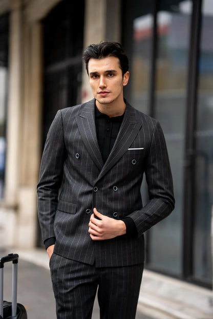 Brabion Black Double-Breasted Suit with Pinstripes