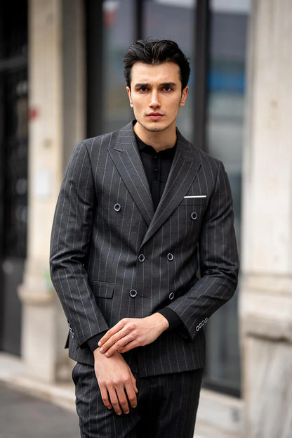 Brabion Black Double-Breasted Suit with Pinstripes
