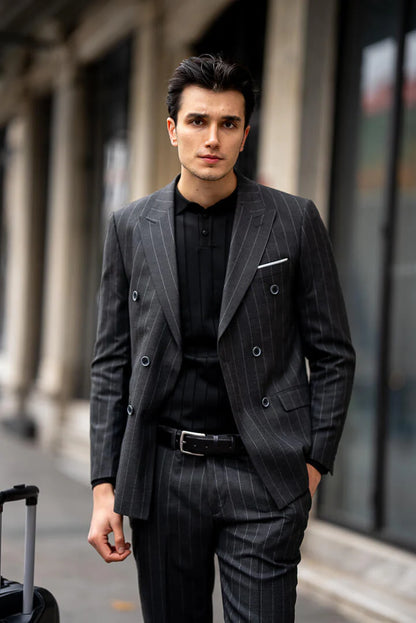 Brabion Black Double-Breasted Suit with Pinstripes