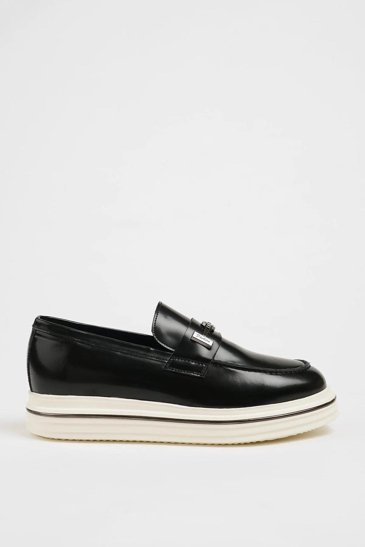 Maison Black Leather Casual Loafers with Open Leather Buckle Detail