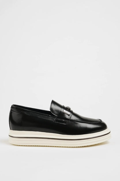 Maison Black Leather Casual Loafers with Open Leather Buckle Detail