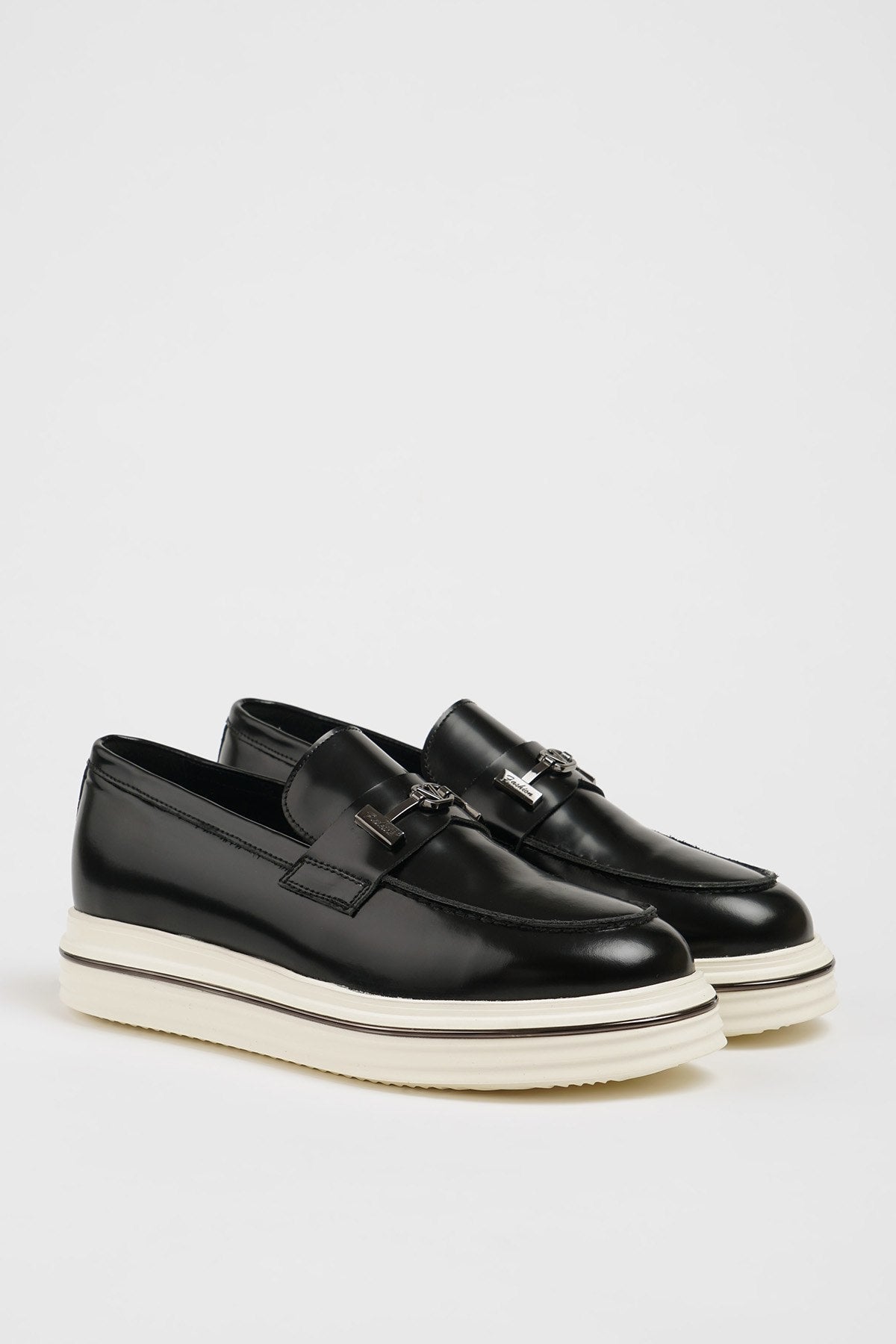 Maison Black Leather Casual Loafers with Open Leather Buckle Detail