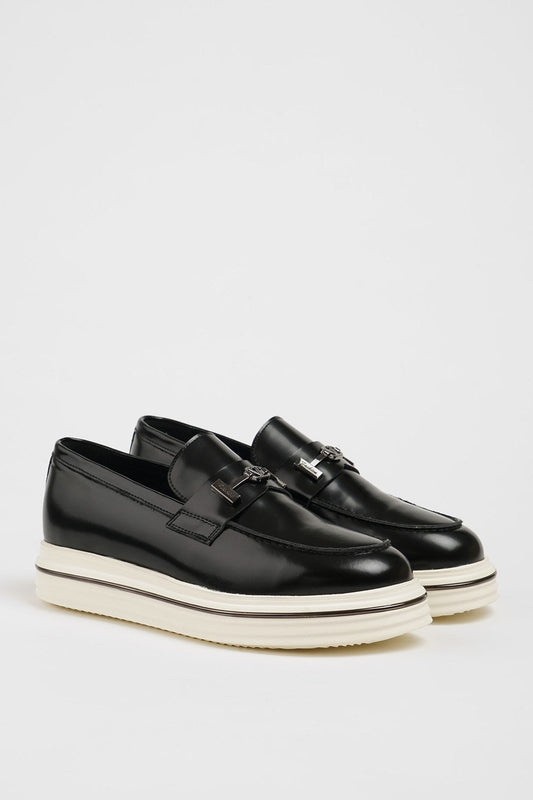 Maison Black Leather Casual Loafers with Open Leather Buckle Detail