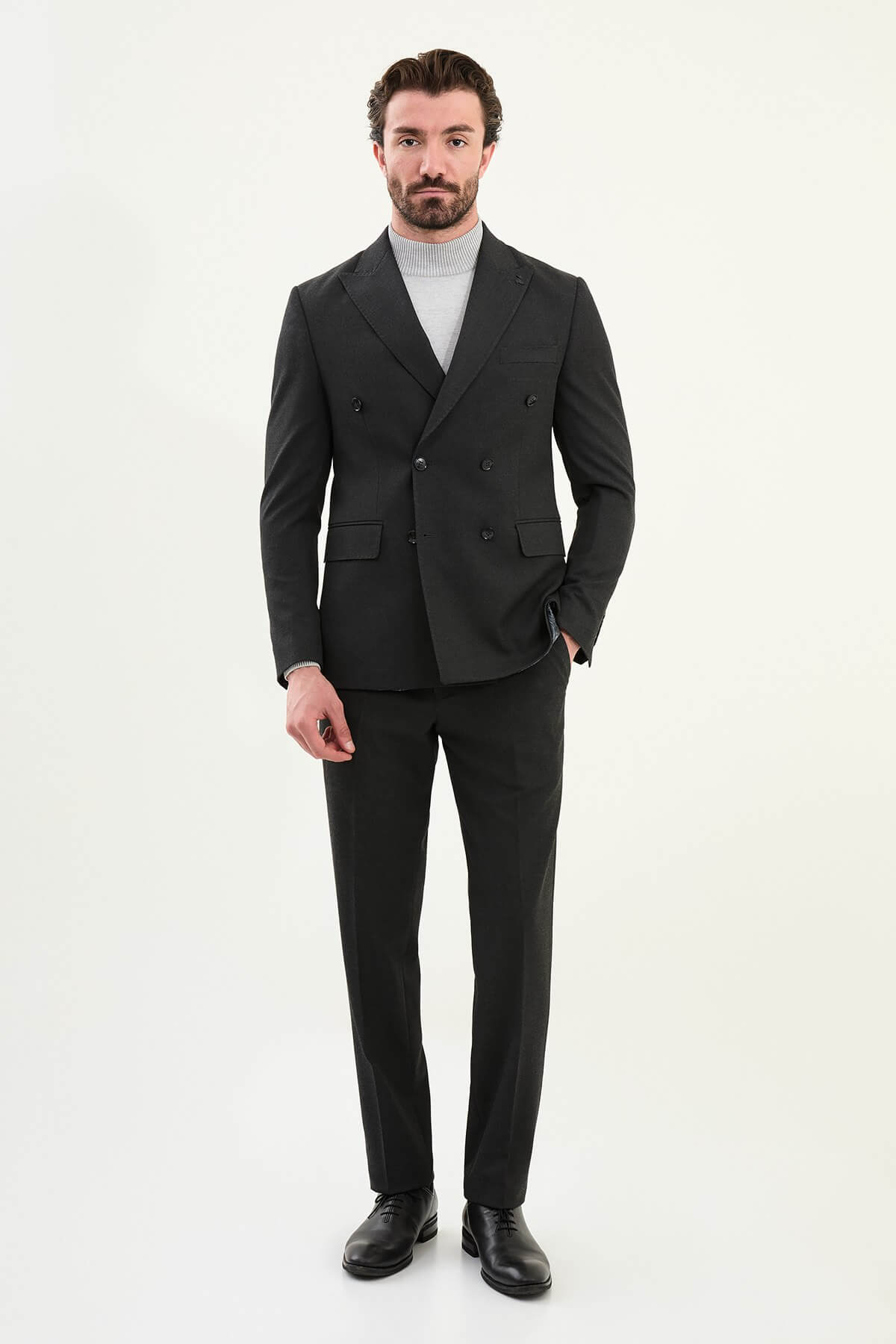 Men’s matte black slim-fit double-breasted wool-blend suit
