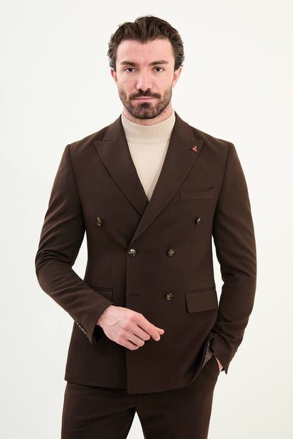 Men wearing chocolate brown slim-fit double-breasted wool-blend suit with peak lapels and cream turtleneck, winter formal outfit.