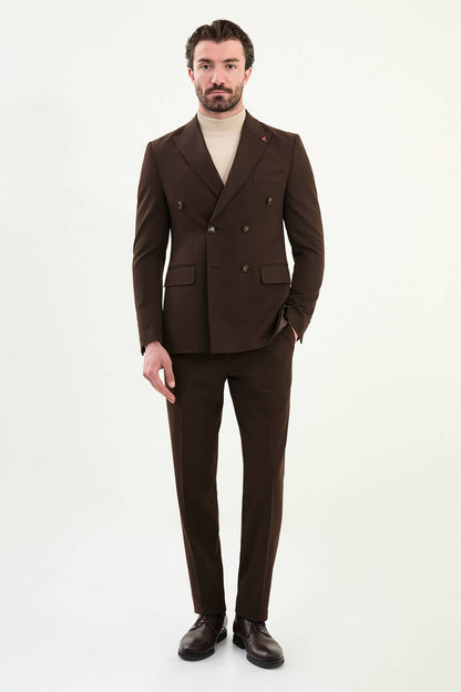 Men wearing chocolate brown slim-fit double-breasted wool-blend suit with peak lapels and cream turtleneck, winter formal outfit.