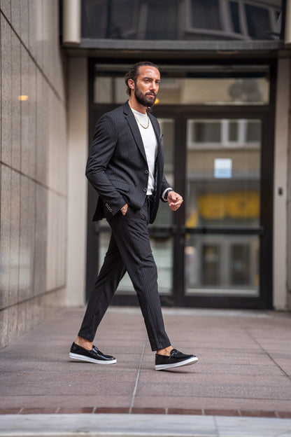 Ardean Black Slim Fit Notch Lapel Pinstripe Suit