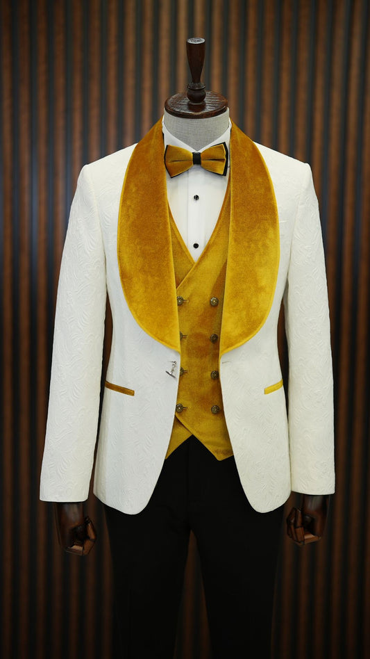 Fiore White Yellow Slim Fit Velvet Shawl Lapel Tuxedo - A Statement of Elegance