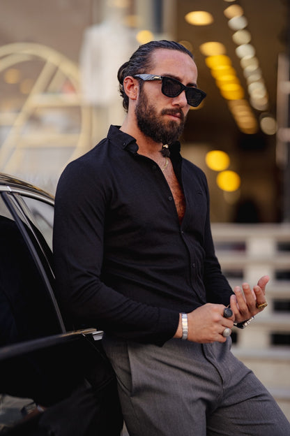 Brabion Ardean Black Slim Fit Textured Cotton Shirt