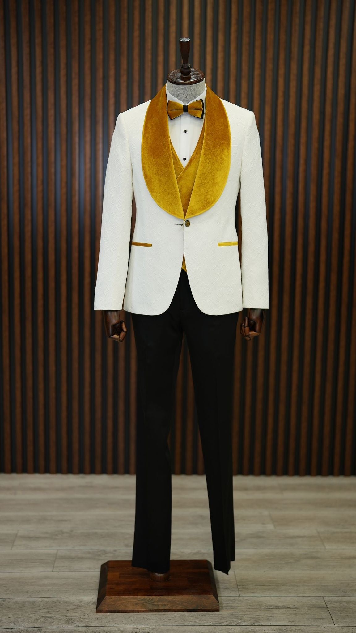 Fiore White Yellow Slim Fit Velvet Shawl Lapel Tuxedo - A Statement of Elegance