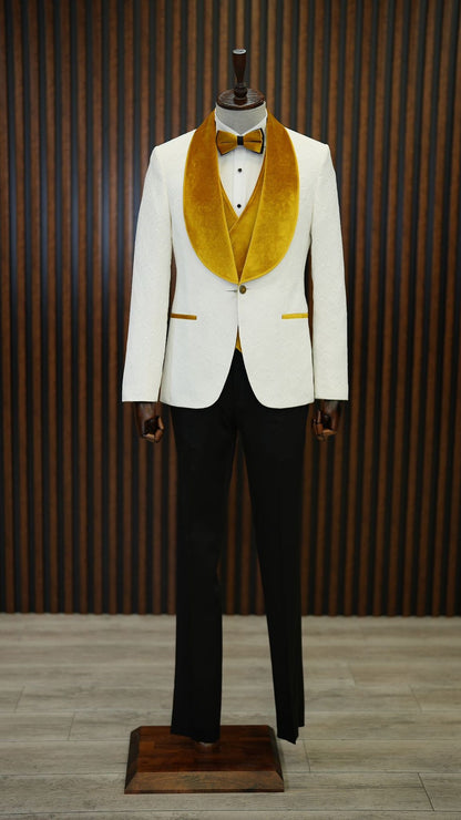Fiore White Yellow Slim Fit Velvet Shawl Lapel Tuxedo - A Statement of Elegance