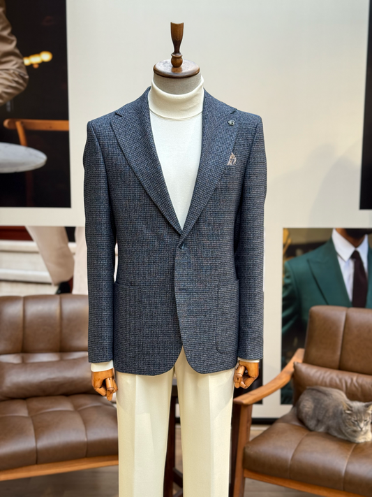 Navy Houndstooth Single Breasted Blazer - BRABION