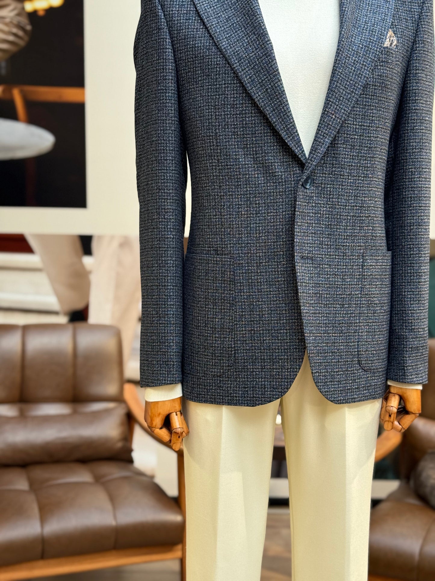 Navy Houndstooth Single Breasted Blazer - BRABION