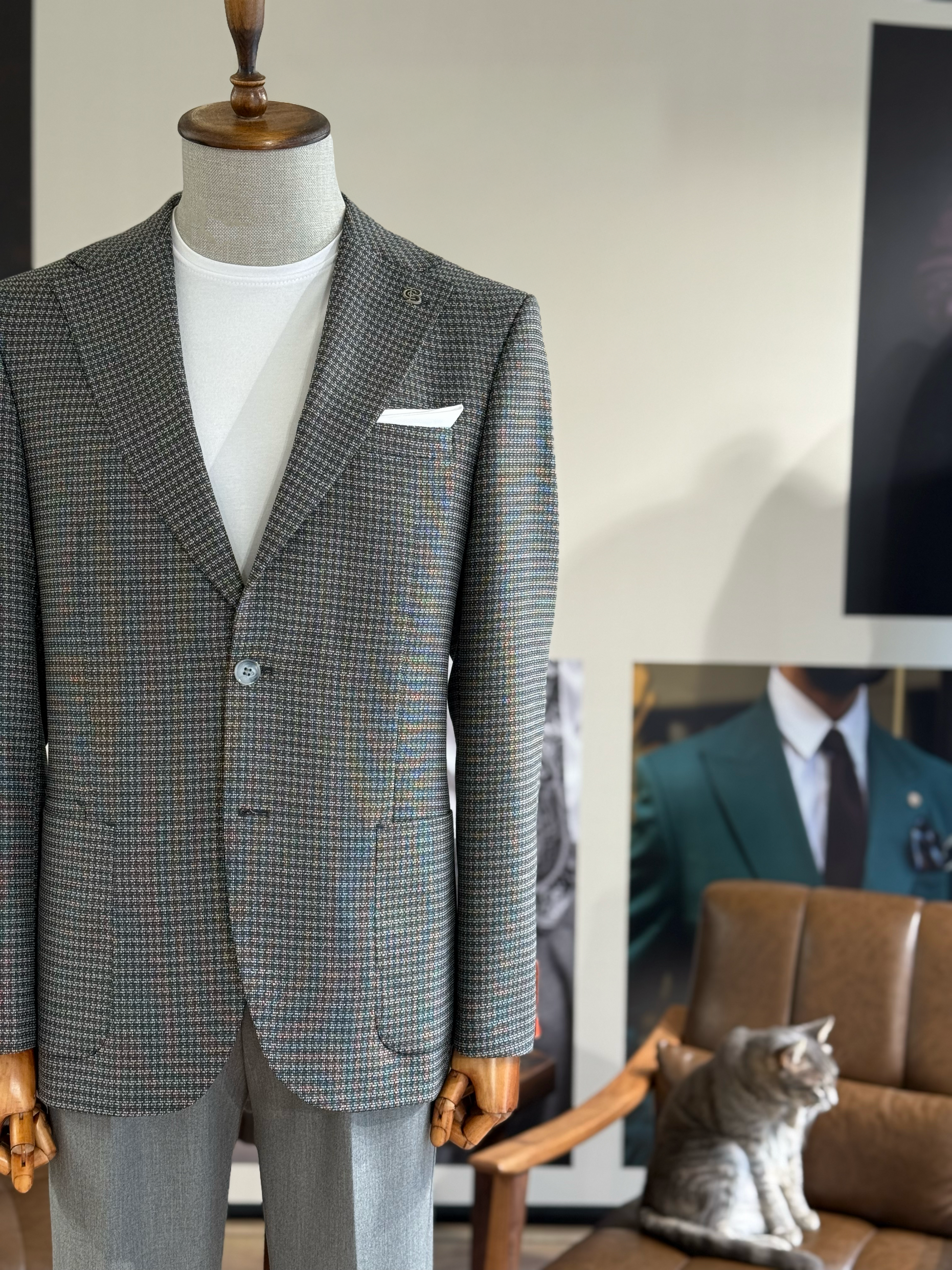 Grey Houndstooth Single Breasted Blazer - BRABION