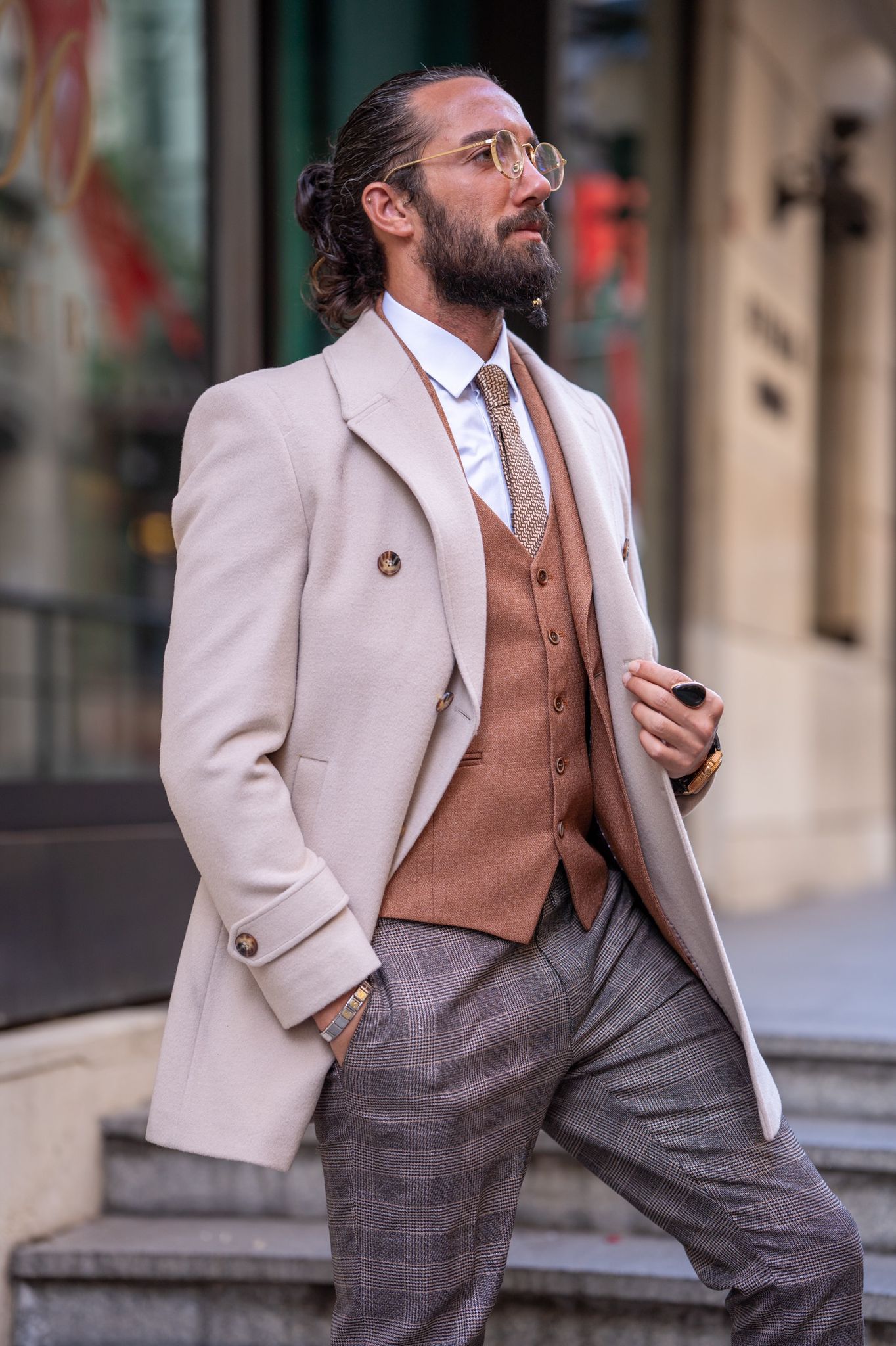 Brabion Beige Slim Fit Long Coat