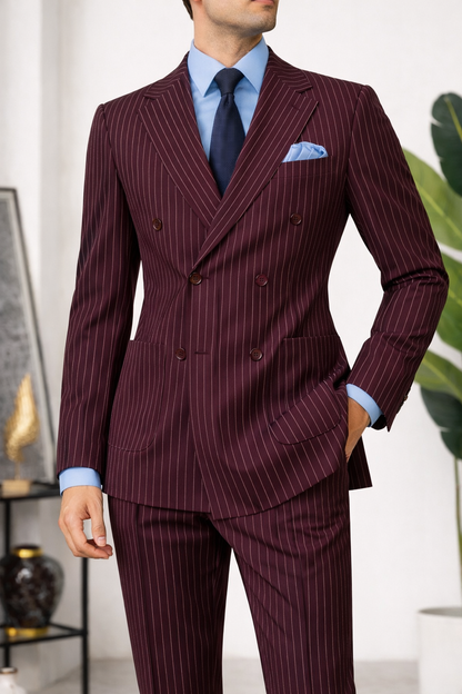Bordeaux Striped Double Breasted Suit 2-Piece