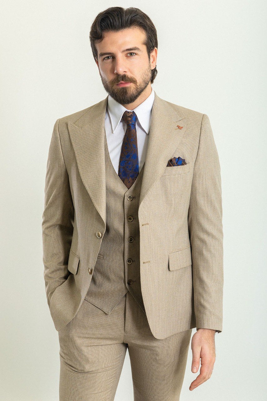 Brabion Rocco Beige Slim Fit Peak Lapel 3 Piece Suit