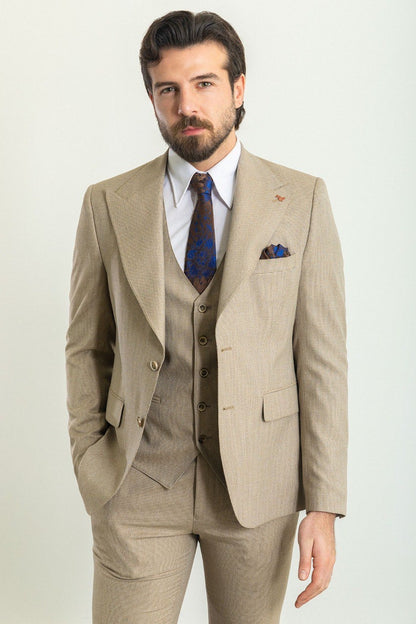 Brabion Rocco Beige Slim Fit Peak Lapel 3 Piece Suit