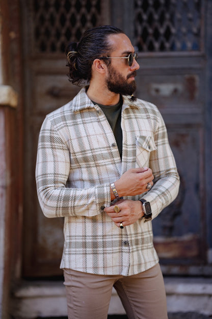 Brabion Paris Beige Green Slim Fit Plaid Shirt
