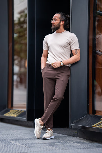 Brabion Maison Dark Brown Slim Fit Pants - Effortless Elegance and Comfort