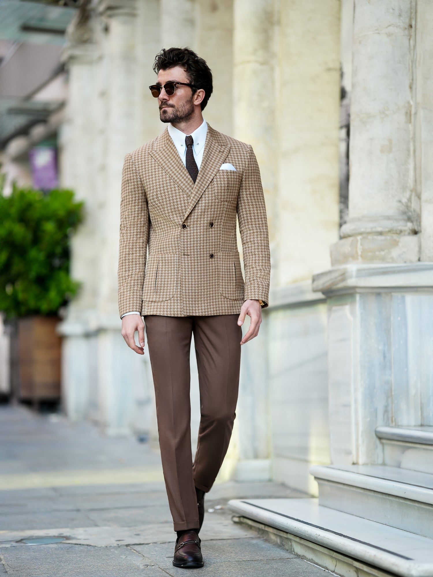 Brown Houndstooth Double Breasted Blazer - BRABION