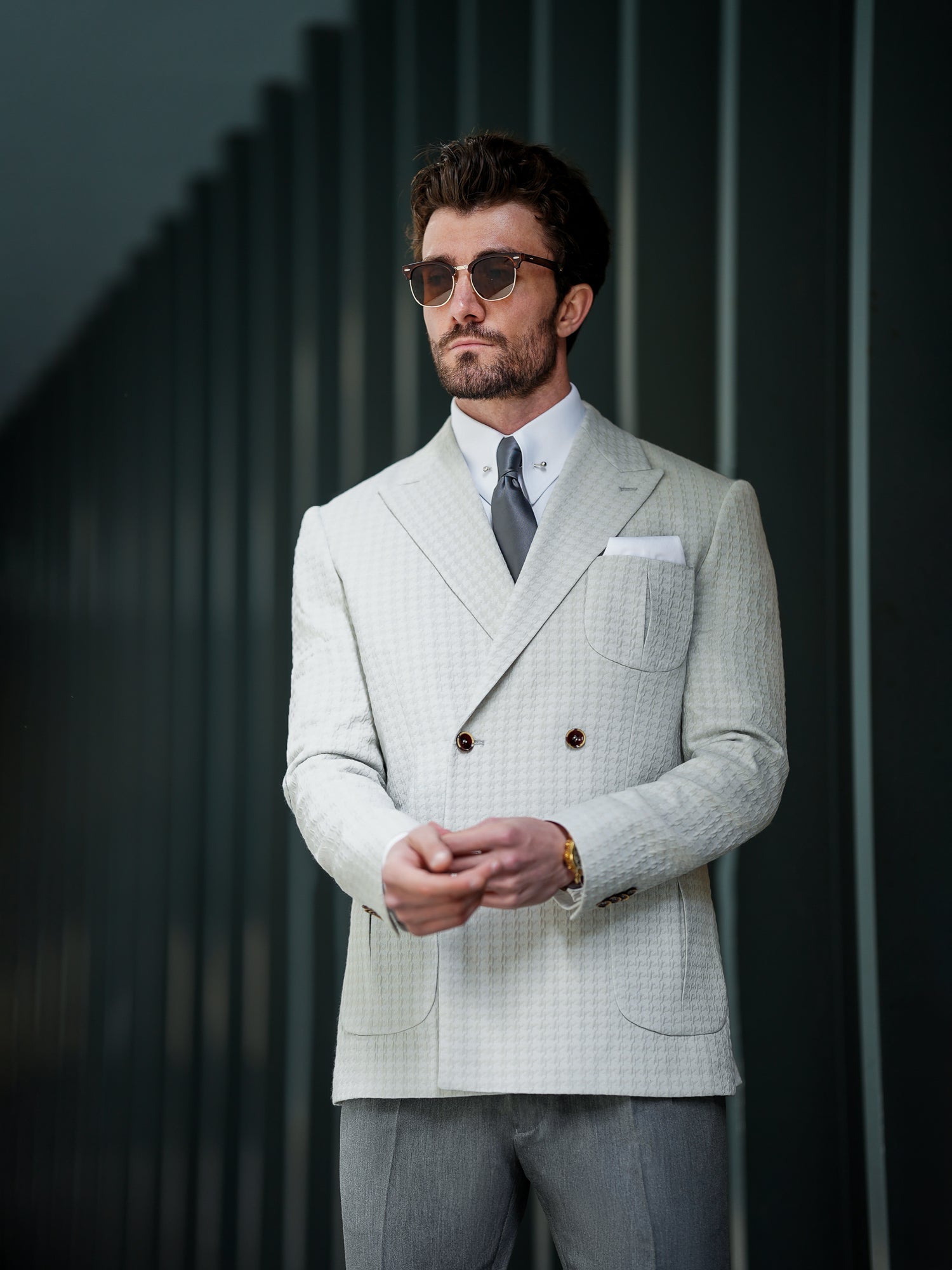 Light Grey Houndstooth Double Breasted Blazer - BRABION