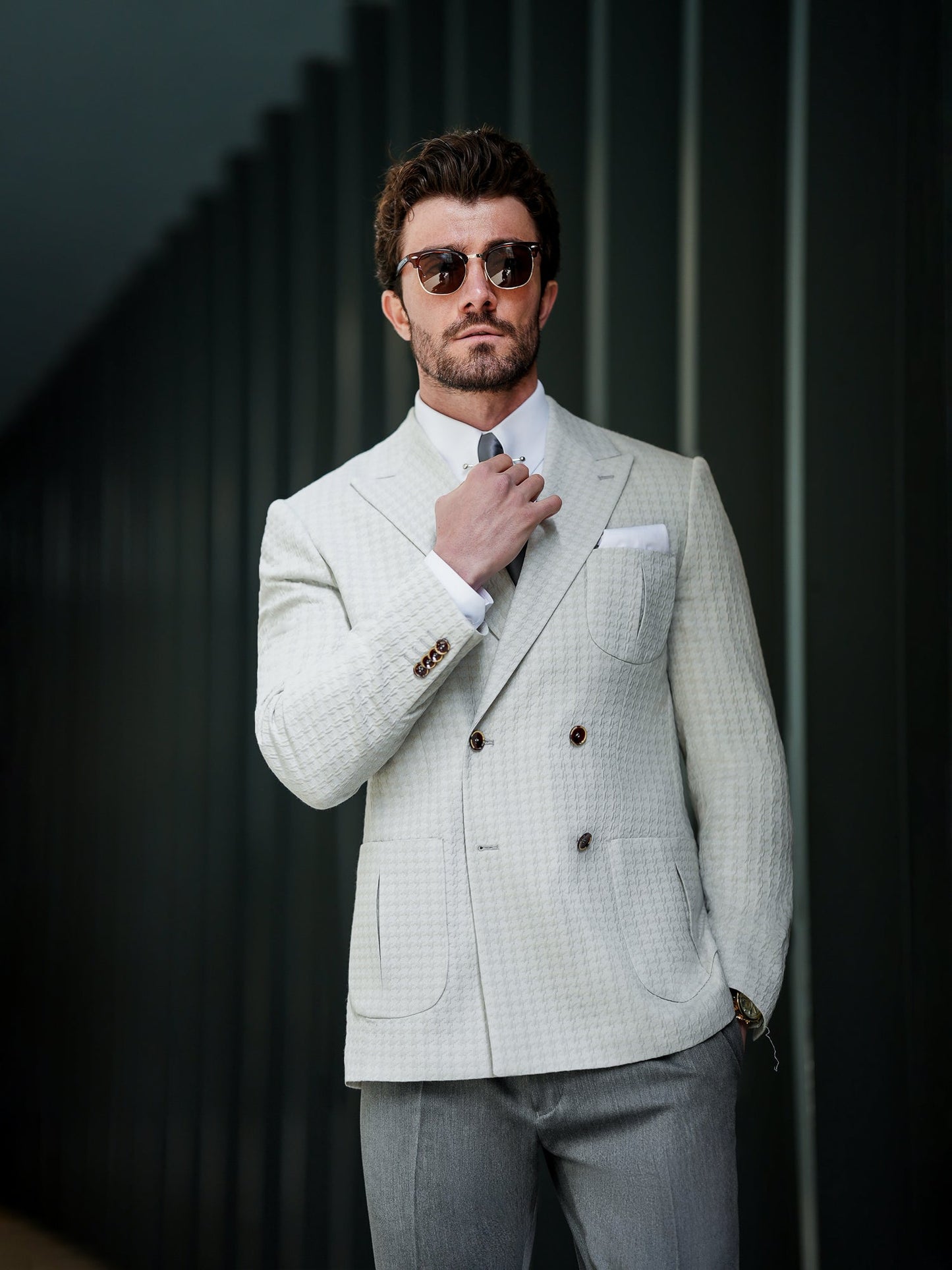 Light Grey Houndstooth Double Breasted Blazer - BRABION