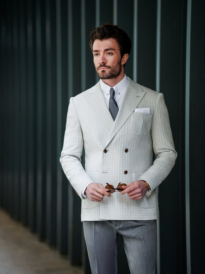 Light Grey Houndstooth Double Breasted Blazer - BRABION