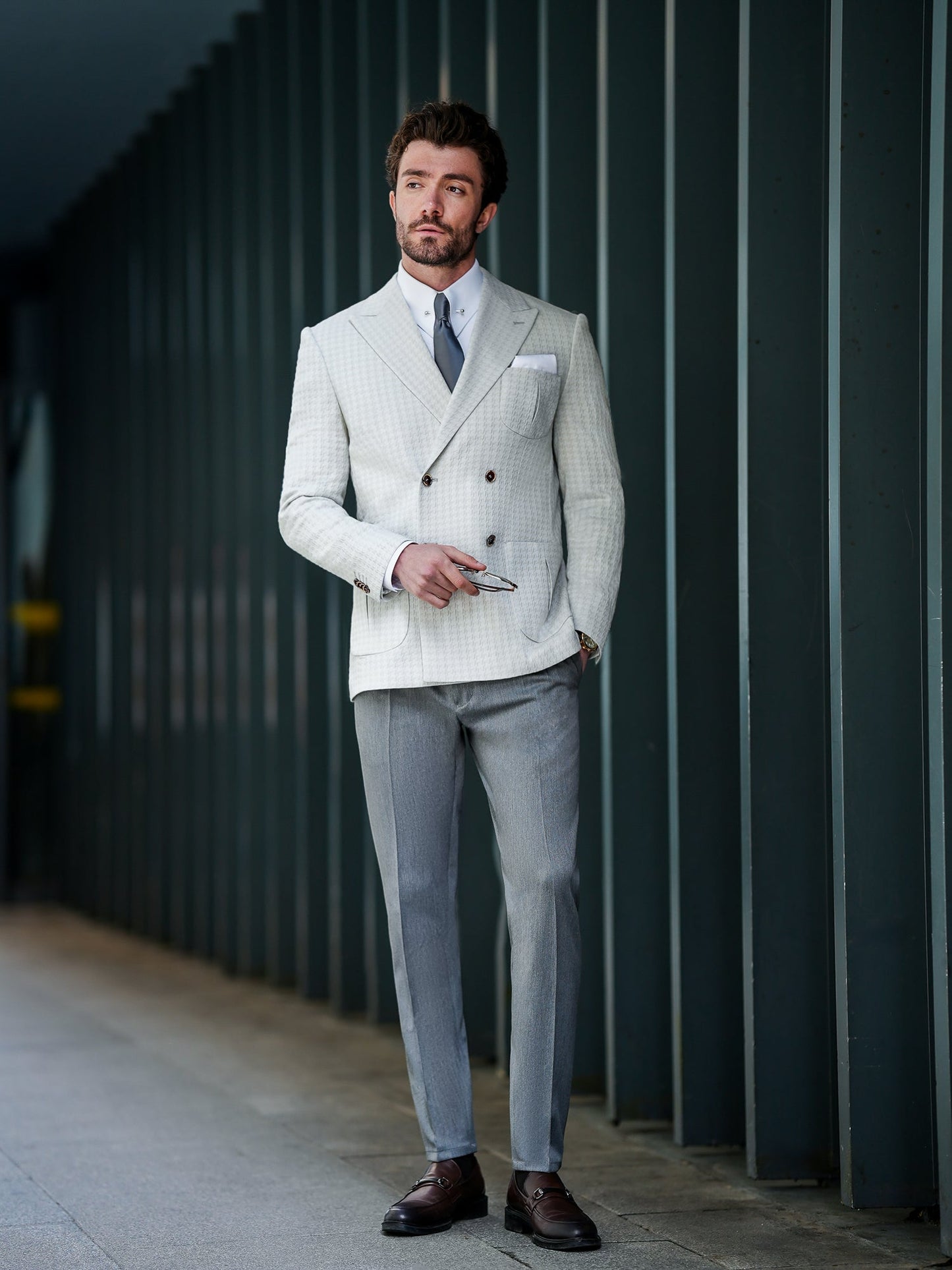 Light Grey Houndstooth Double Breasted Blazer - BRABION