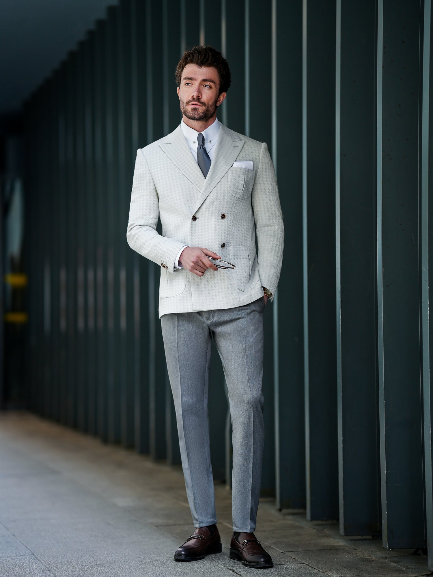 Light Grey Houndstooth Double Breasted Blazer - BRABION