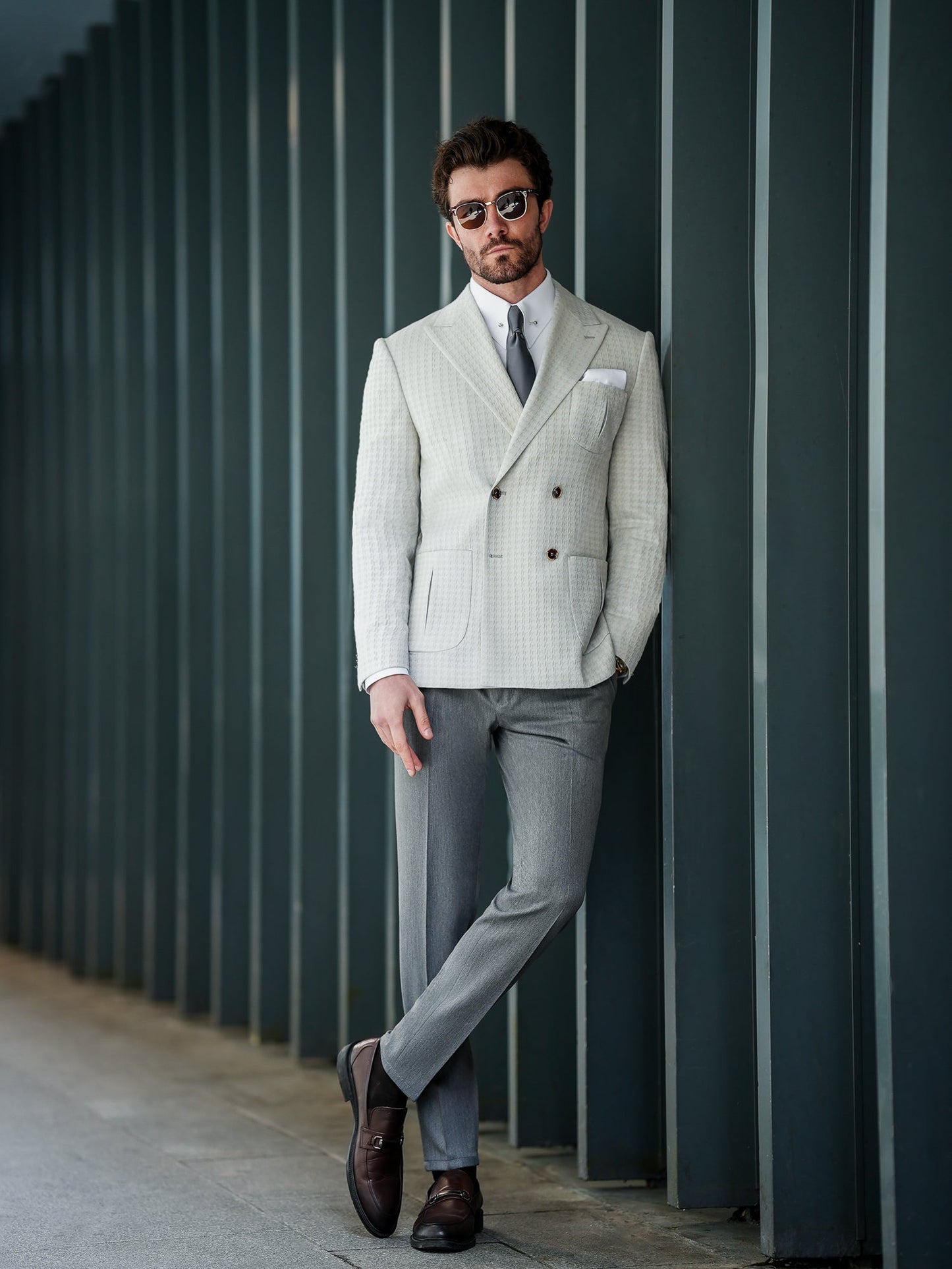 Light Grey Houndstooth Double Breasted Blazer - BRABION