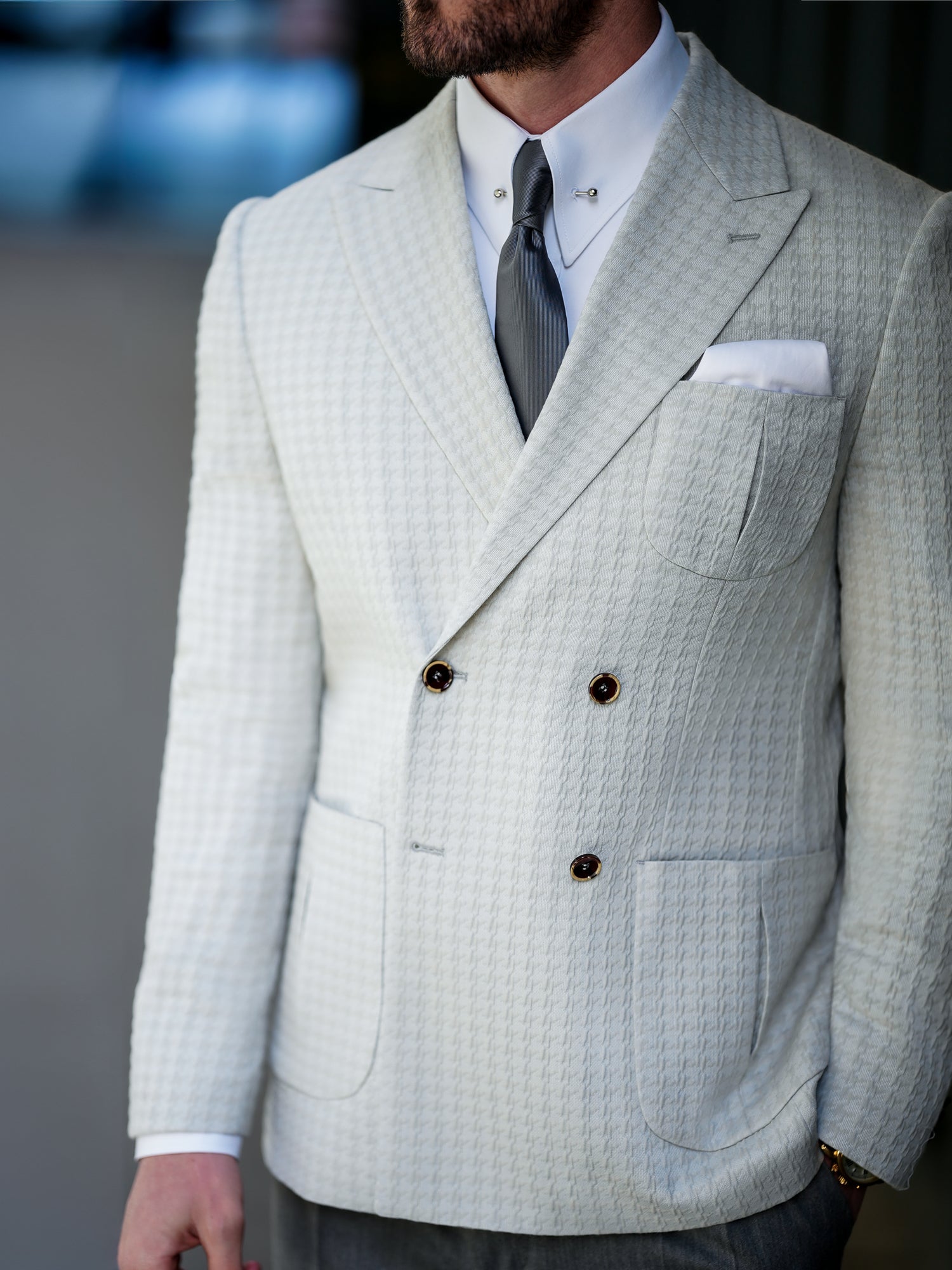 Light Grey Houndstooth Double Breasted Blazer - BRABION