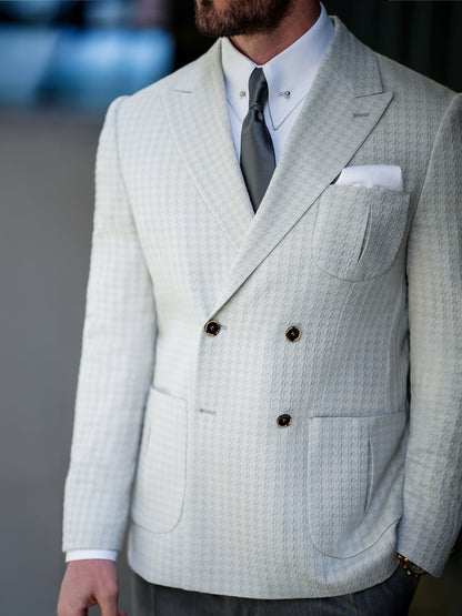 Light Grey Houndstooth Double Breasted Blazer - BRABION