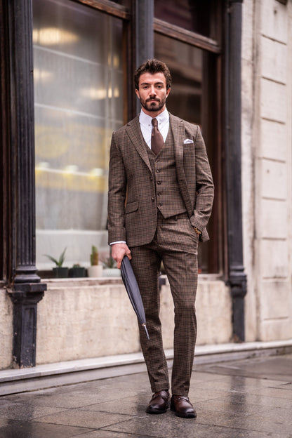 Brown Plaid Slim-Fit Suit 3-Piece VIOSSI