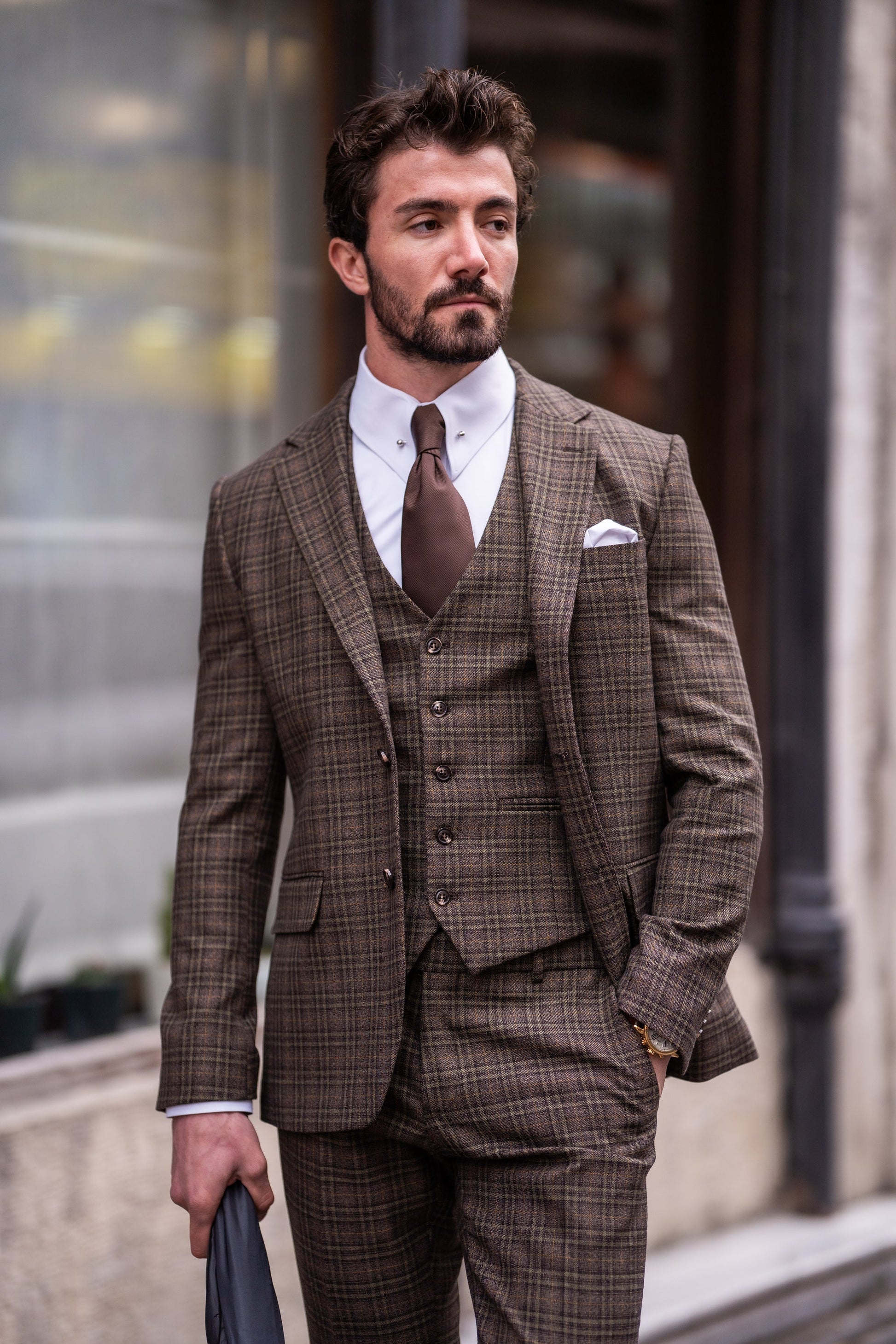 Brown Plaid Slim-Fit Suit 3-Piece VIOSSI