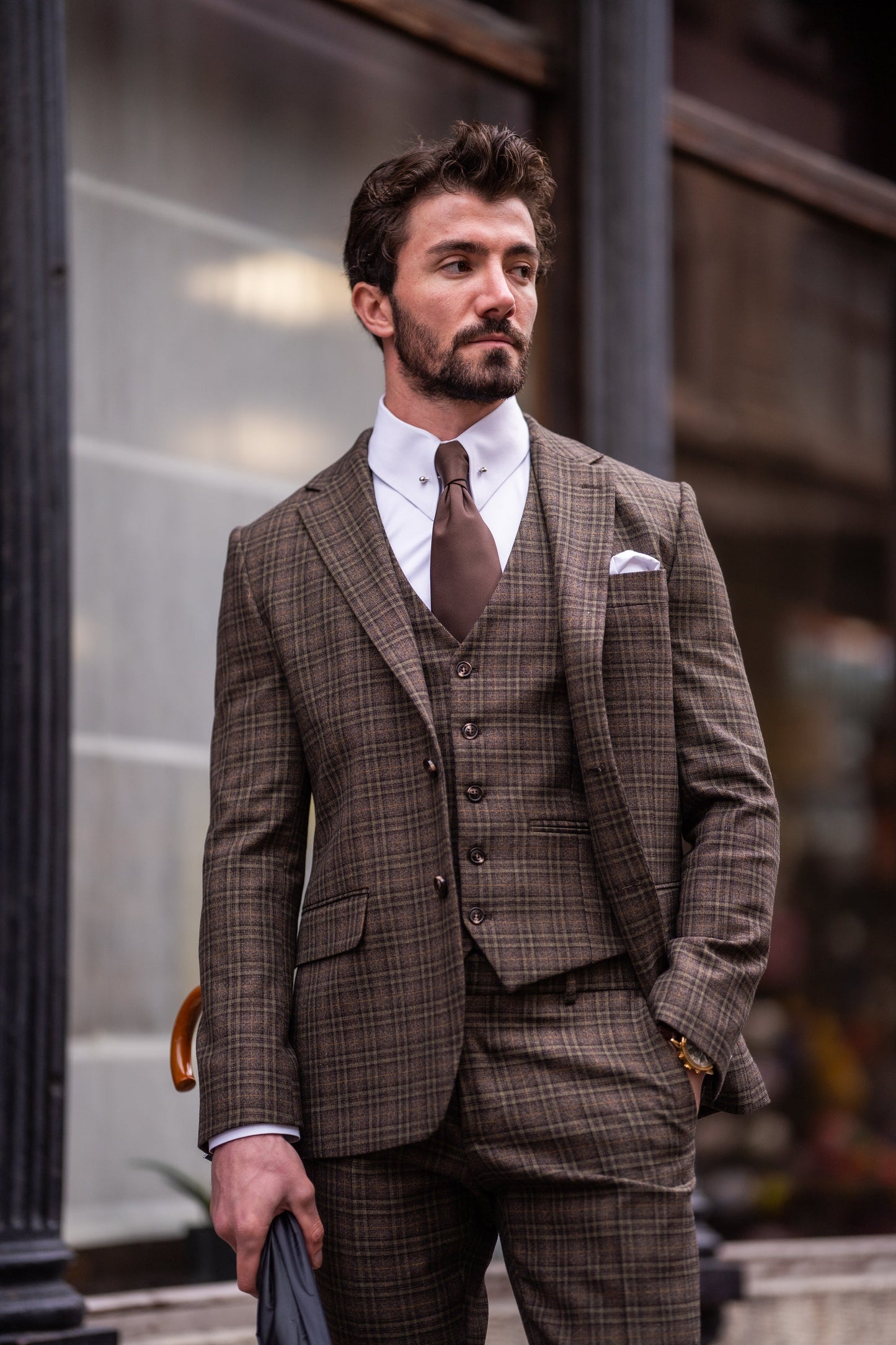 Brown Plaid Slim-Fit Suit 3-Piece VIOSSI