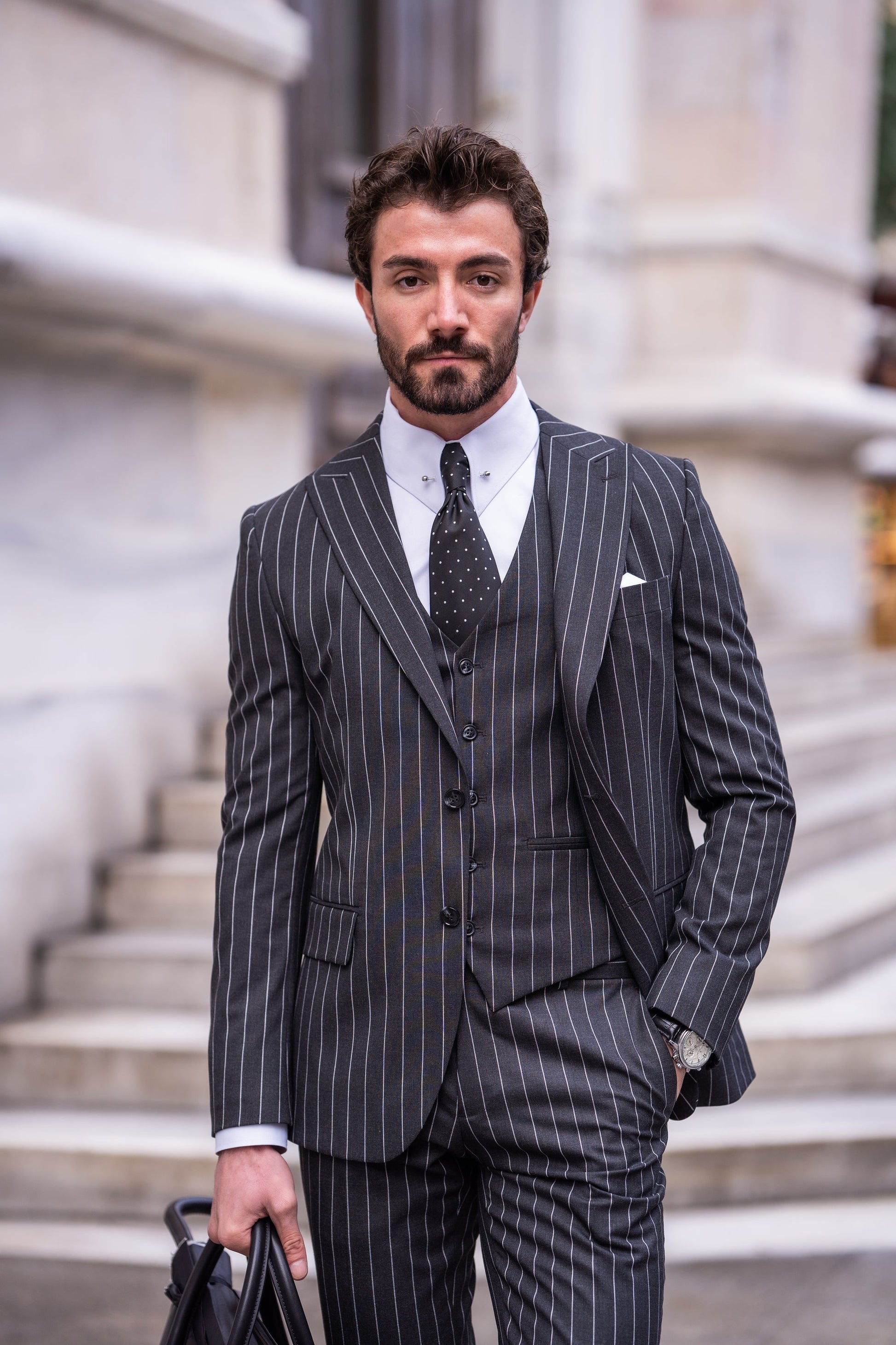 Black Striped Slim-Fit Suit 3-Piece VIOSSI