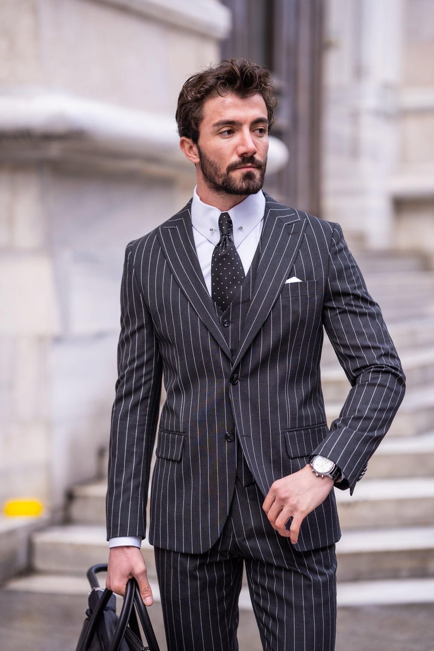 Black Striped Slim-Fit Suit 3-Piece VIOSSI