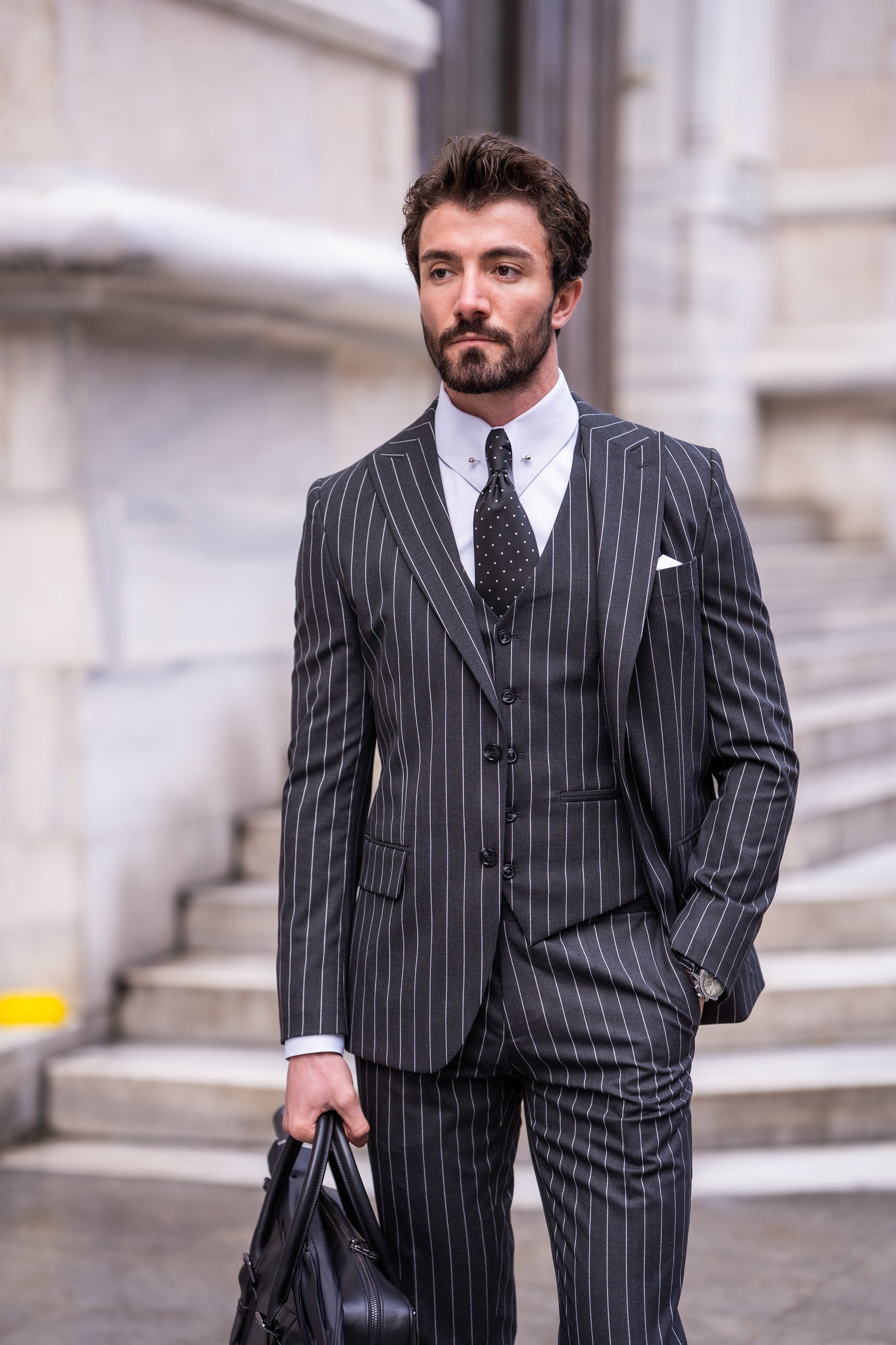 Black Striped Slim-Fit Suit 3-Piece VIOSSI