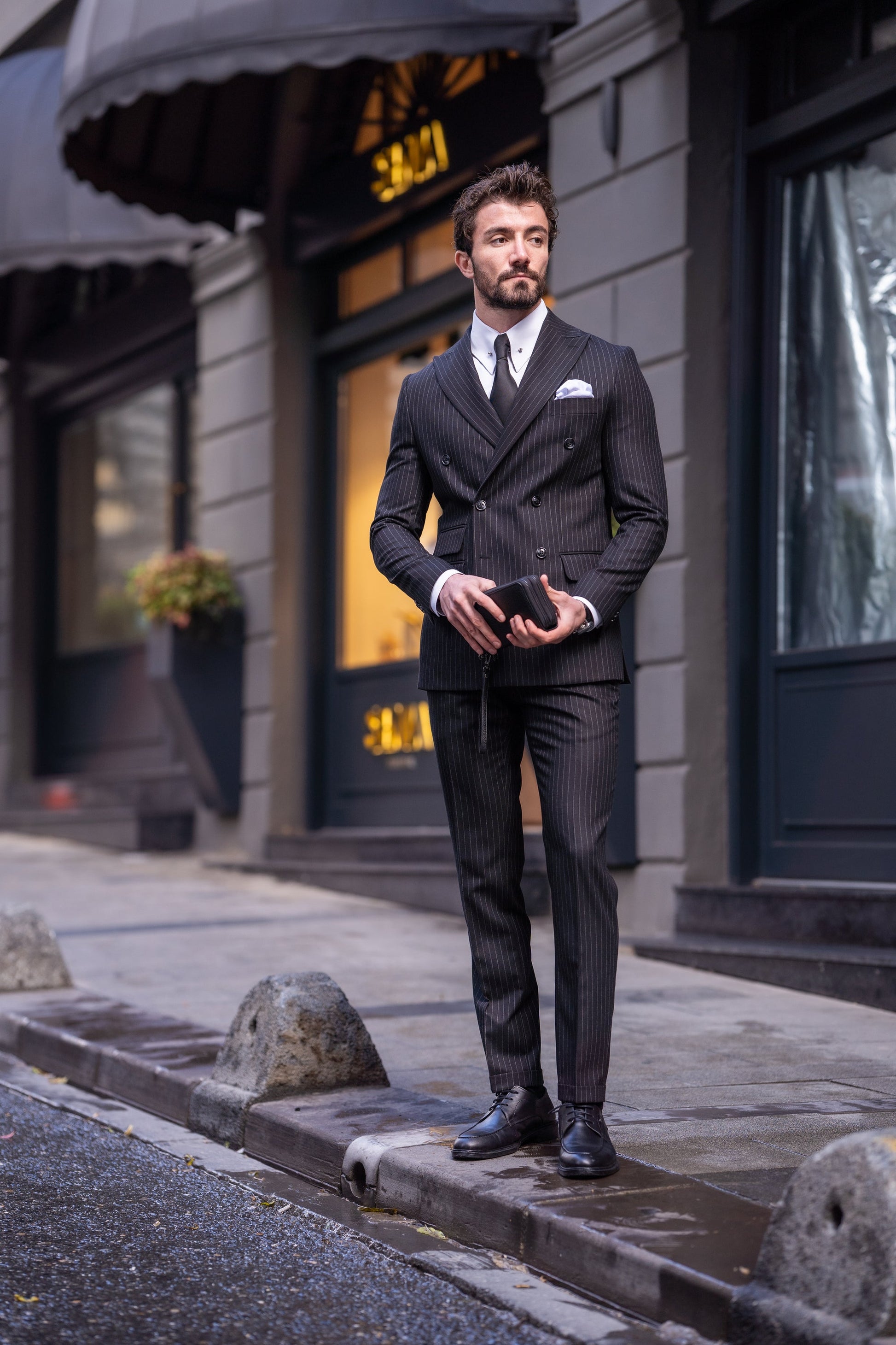 Black Striped Double Breasted Suit 2-Piece VIOSSI