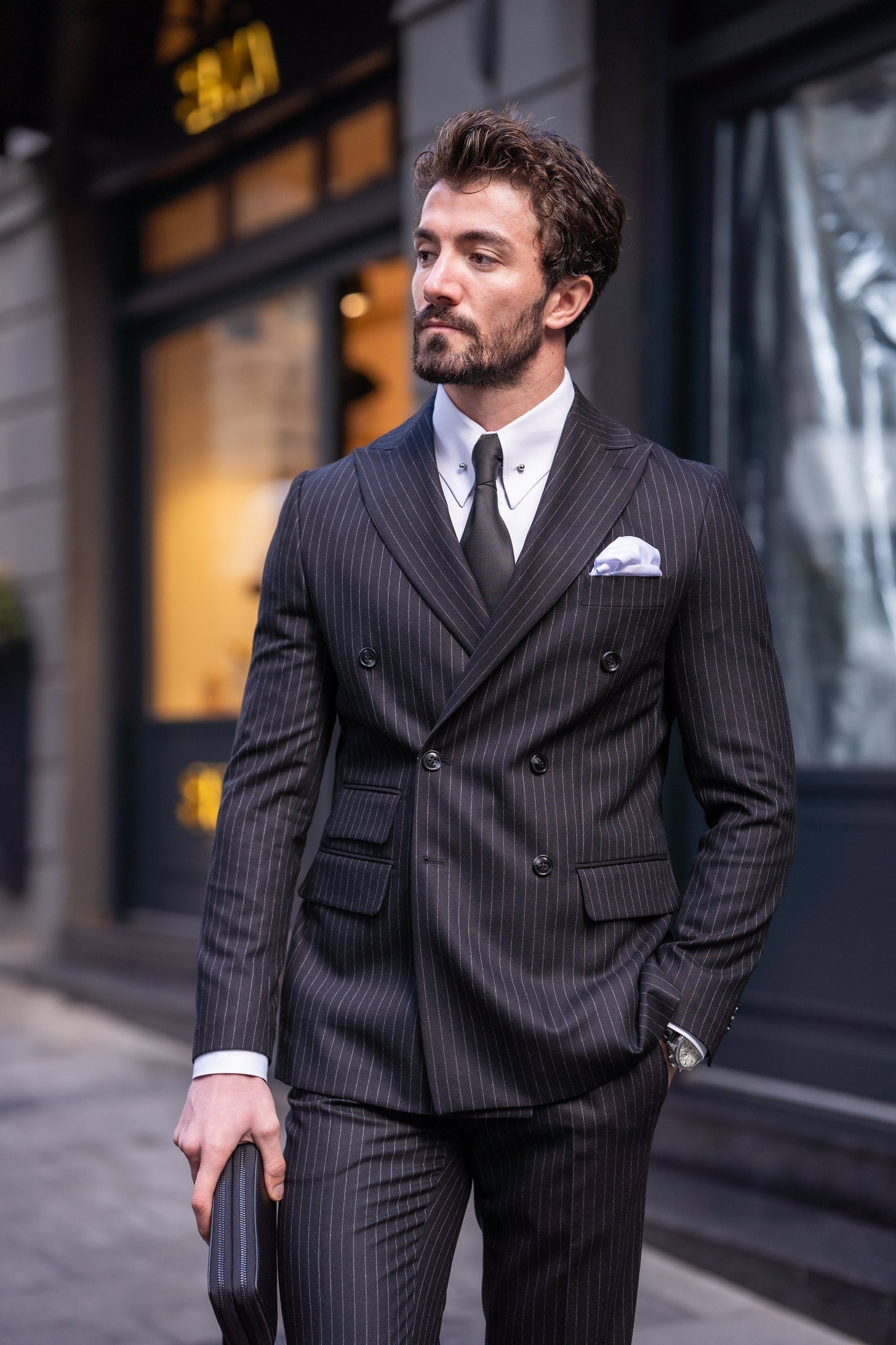 Black Striped Double Breasted Suit 2-Piece VIOSSI