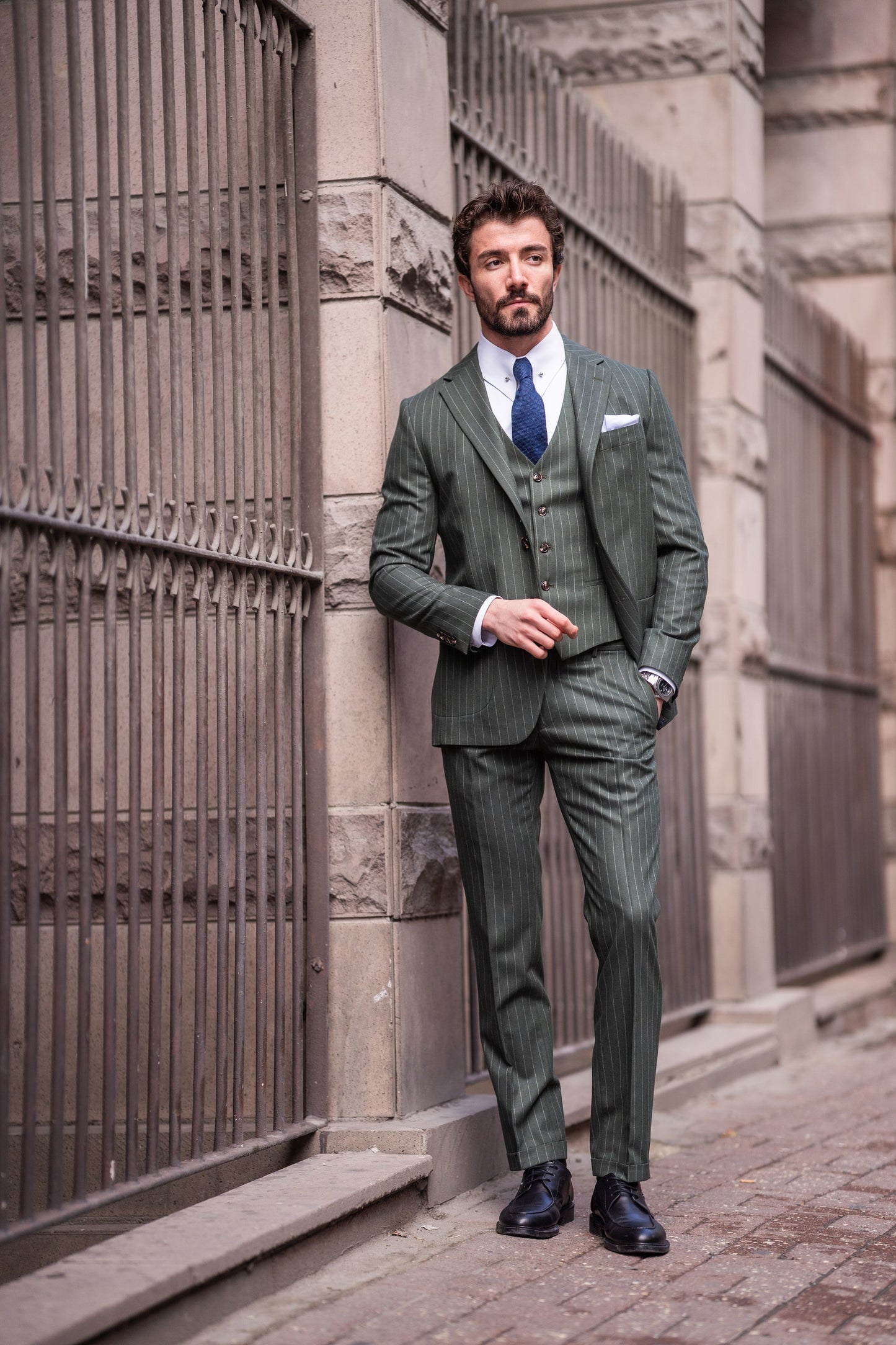 Khaki Striped Slim-Fit Suit 3-Piece VIOSSI