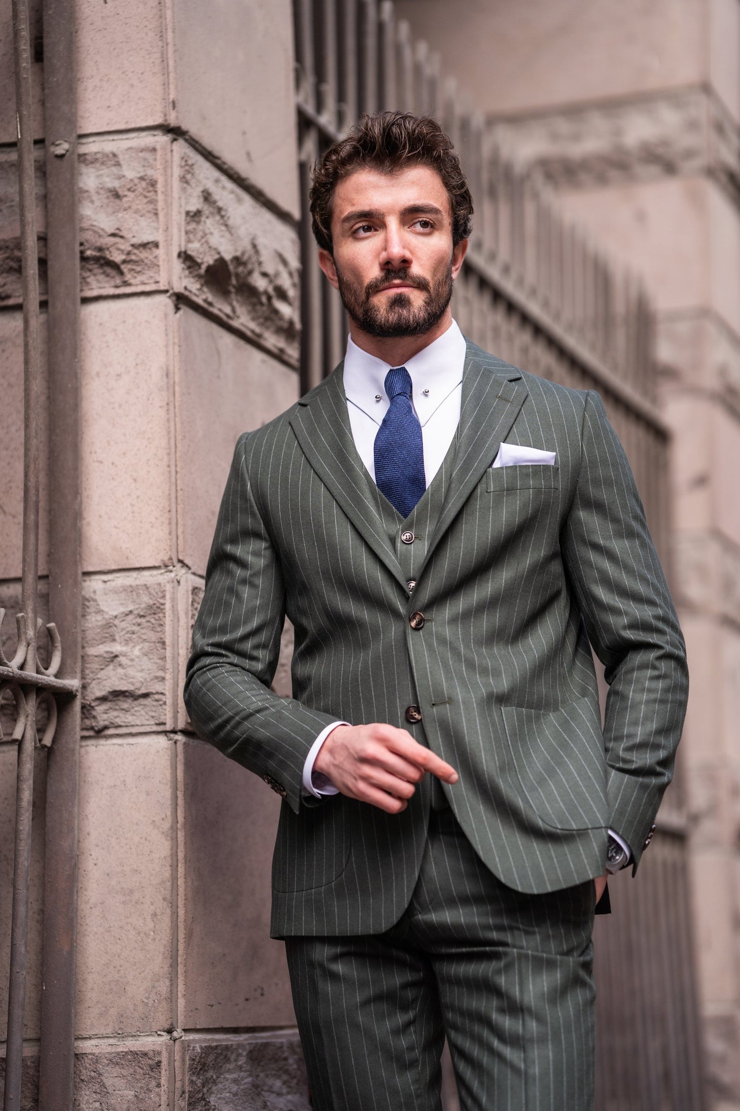 Khaki Striped Slim-Fit Suit 3-Piece VIOSSI