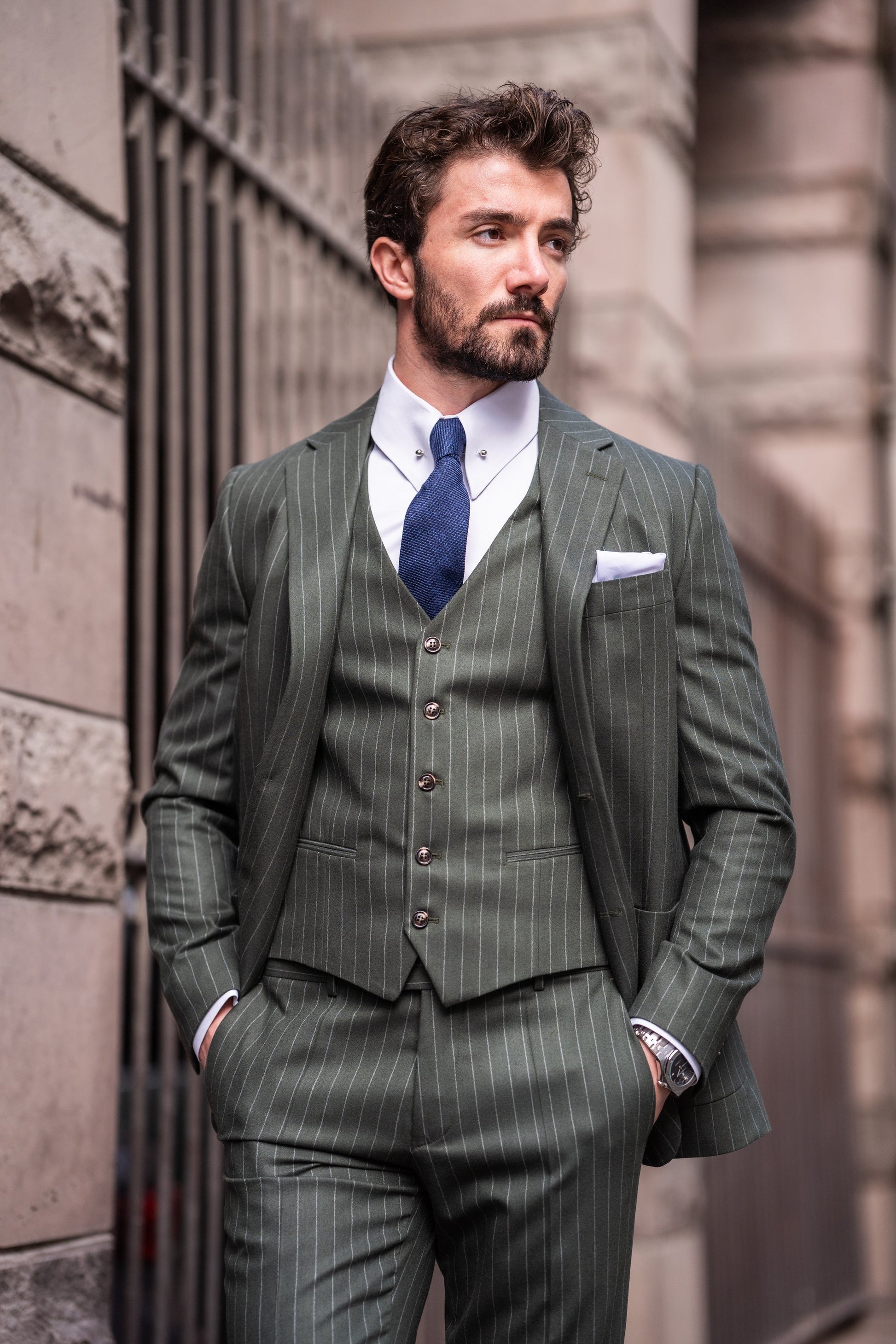 Khaki Striped Slim-Fit Suit 3-Piece VIOSSI