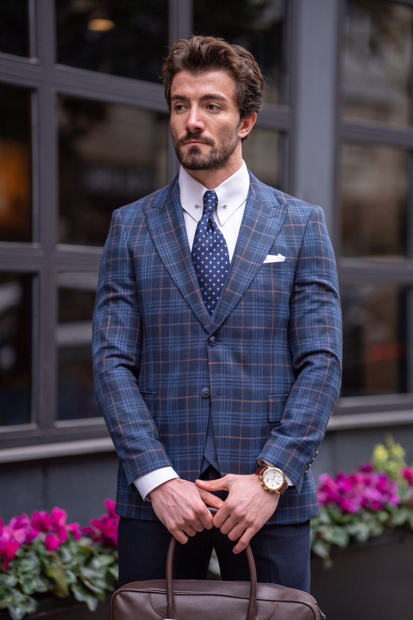 Navy Plaid Slim-Fit Suit 3-Piece VIOSSI
