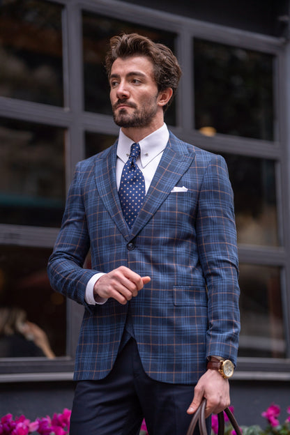 Navy Plaid Slim-Fit Suit 3-Piece VIOSSI
