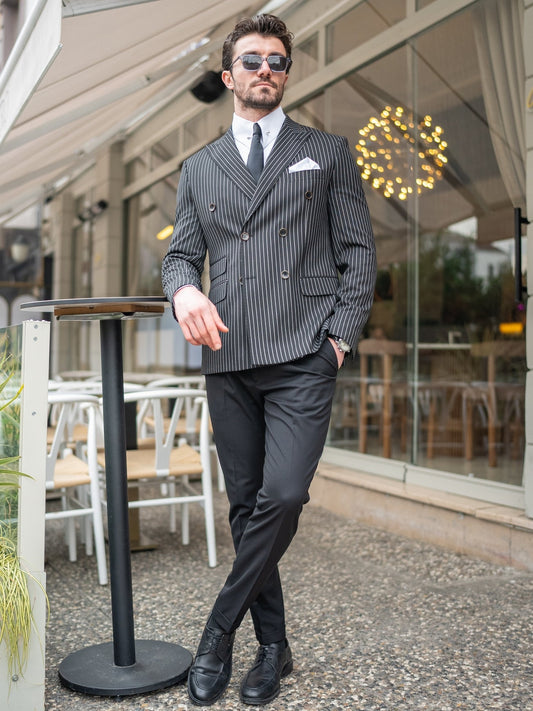 Black Striped Double Breasted Blazer - BRABION